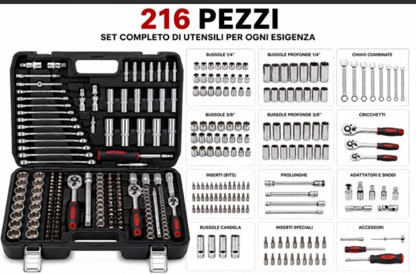 Set Valigetta Attrezzi 216 Pezzi Kit Chiavi a Bussola, Chiavi a Cricchetto
