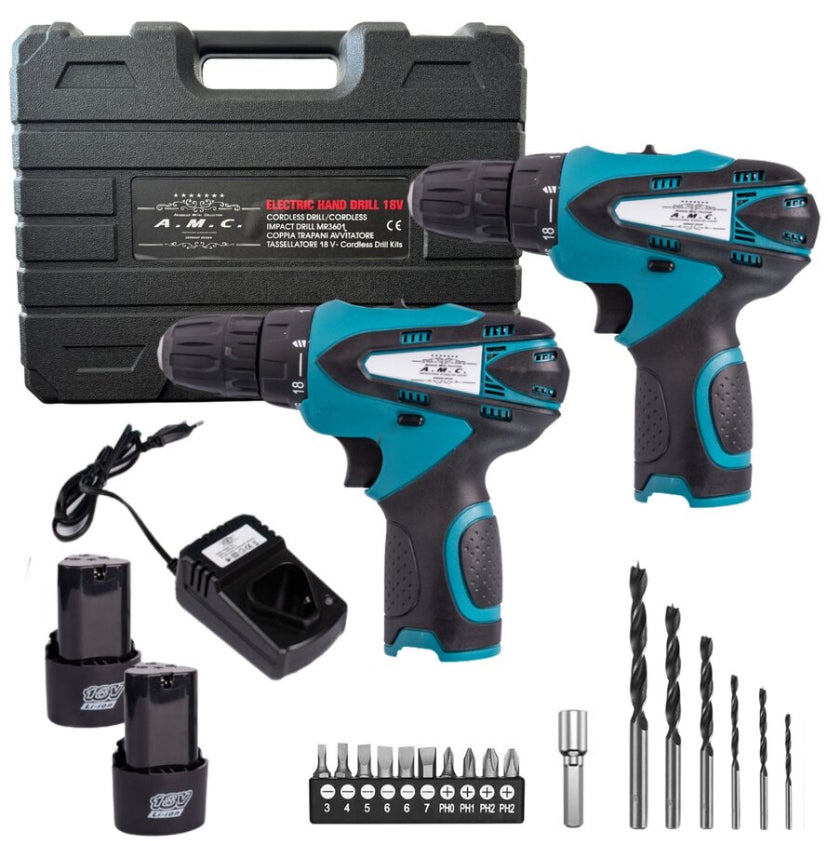 Coppia Trapano Avvitatore a Batteria Professionale 18V, 2 Batterie, 17 Accessori