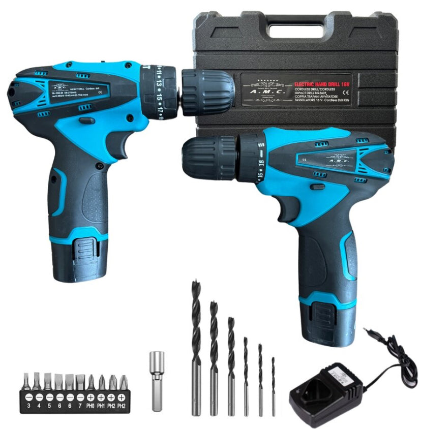 Coppia Trapano Avvitatore a Batteria Professionale 18V, 2 Batterie, 17 Accessori