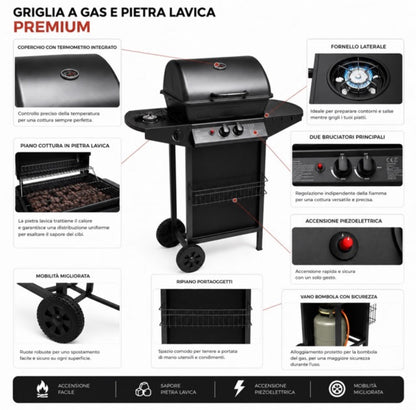 Barbecue A Gas Termometro Grill Pietra Portatile Con Fornello Laterale Ruote