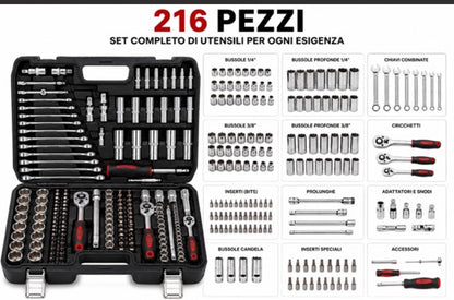 Set Valigetta Attrezzi 216 Pezzi Kit Chiavi a Bussola, Chiavi a Cricchetto