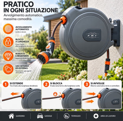 Avvolgitubo Automatico da Parete 15MT Tubo in PVC Staffa a Muro rotabile a 180