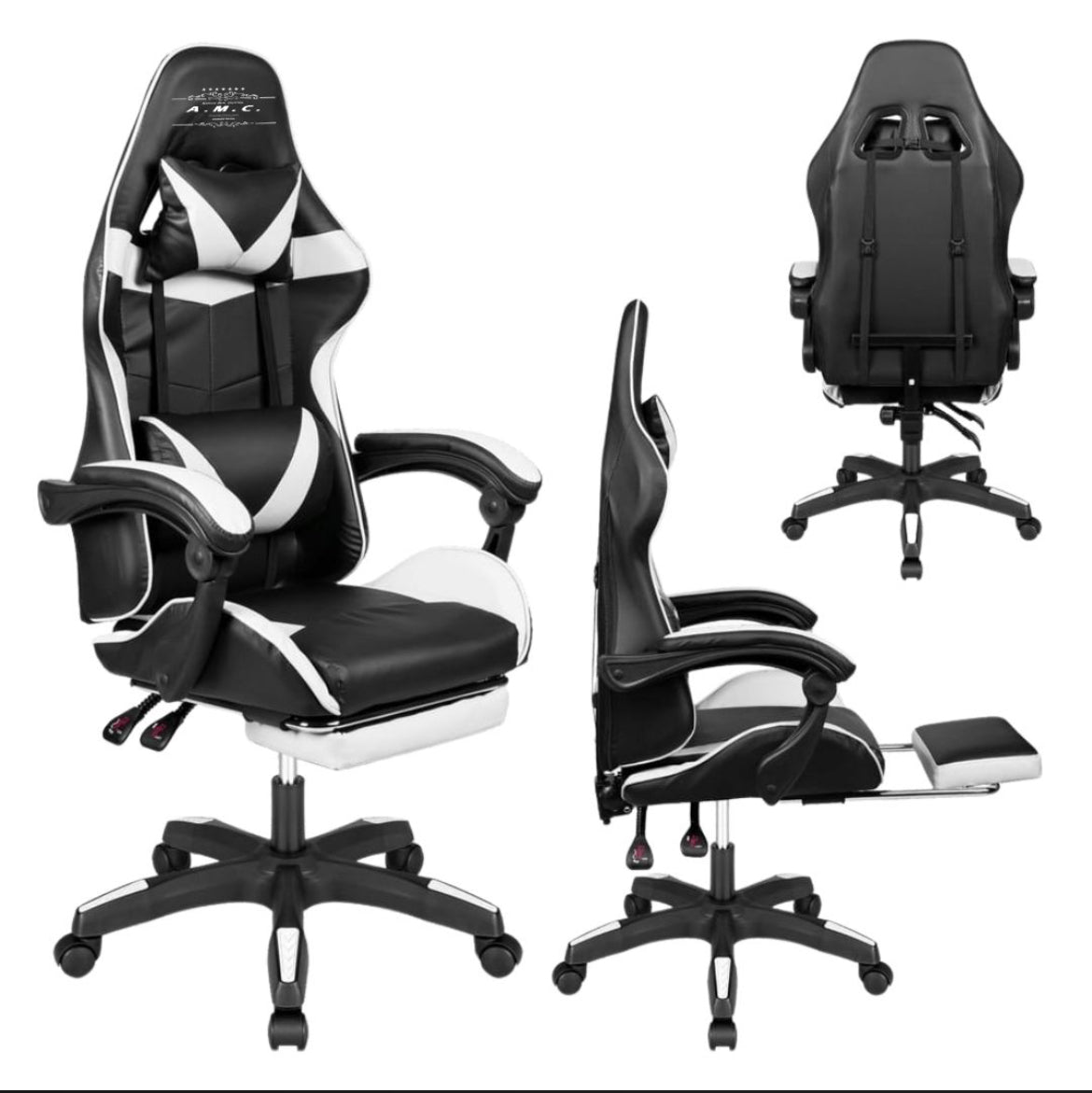 Sedia da Gaming Reclinabile, Poltrona Ufficio girevole, con rotelle ergonomica nero e bianco