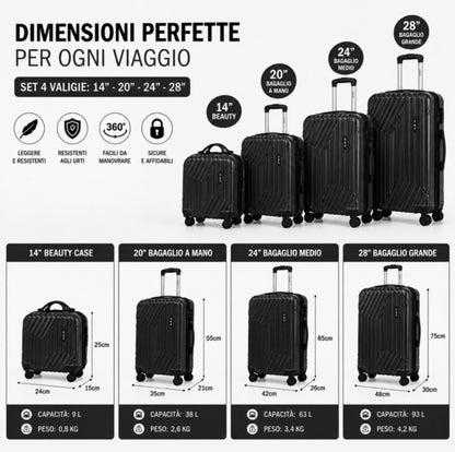 Set 4 Valigie da Viaggio Rigide + Beauty Case Trolley 4 Ruote 360 con Chiusura