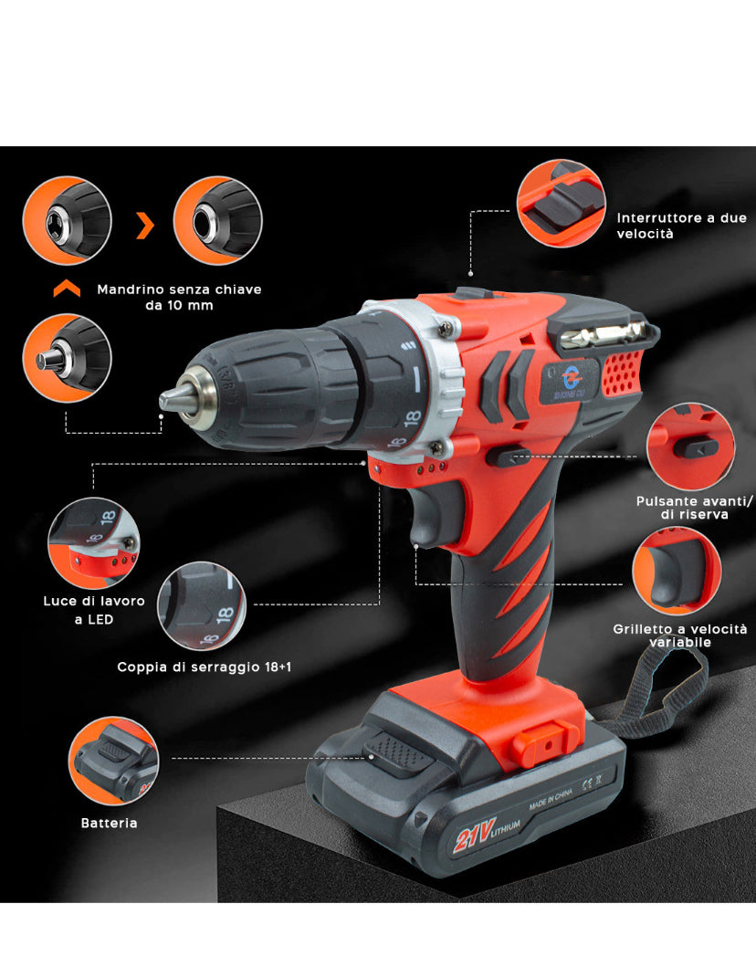 TRAPANO AVVITATORE DOPPIA BATTERIA A LED 21V SENZA FILI COM VALIGETTA E ACCESSORI