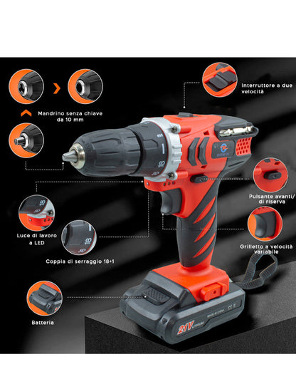 TRAPANO AVVITATORE DOPPIA BATTERIA A LED 21V SENZA FILI COM VALIGETTA E ACCESSORI