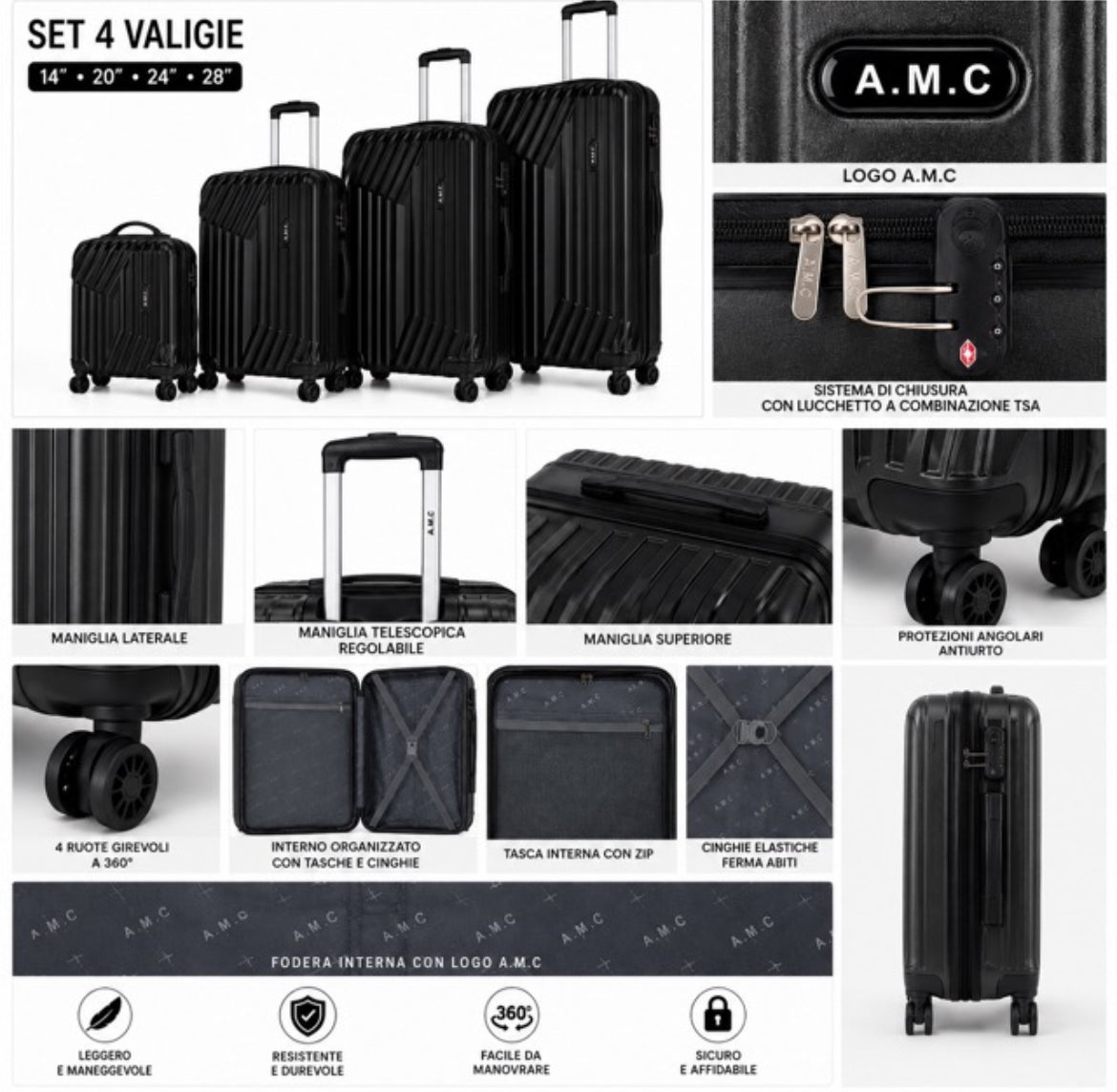 Set 4 Valigie da Viaggio Rigide + Beauty Case Trolley 4 Ruote 360 con Chiusura