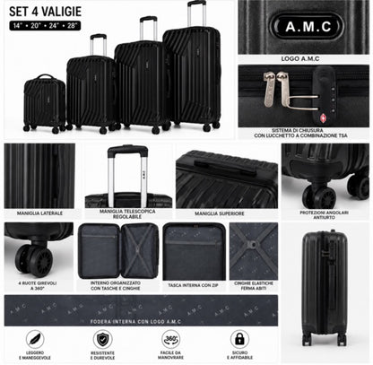Set 4 Valigie da Viaggio Rigide + Beauty Case Trolley 4 Ruote 360 con Chiusura