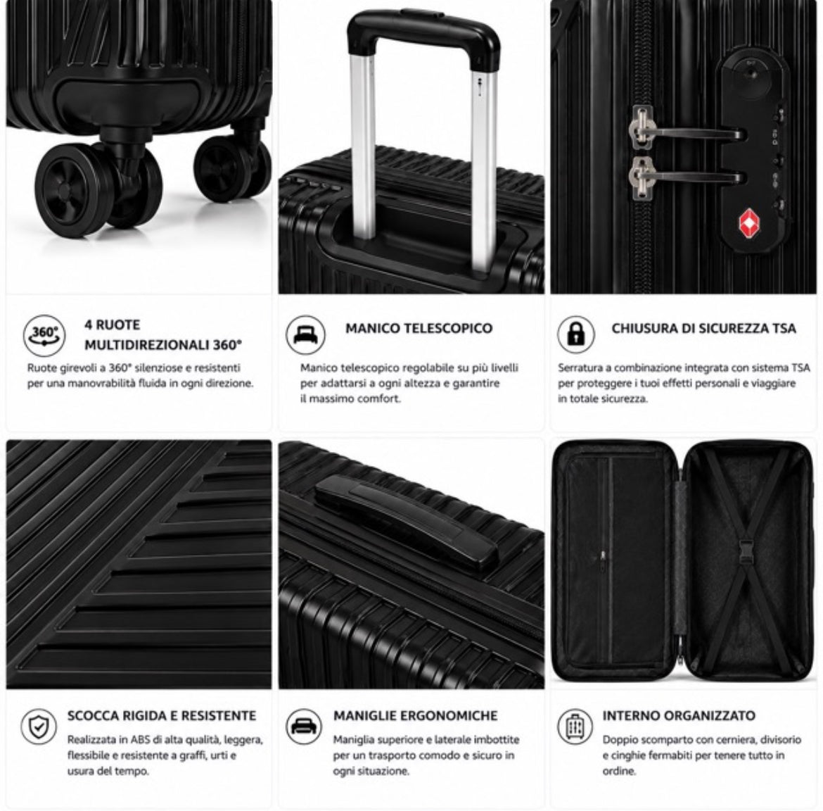 Set 4 Valigie da Viaggio Rigide + Beauty Case Trolley 4 Ruote 360 con Chiusura