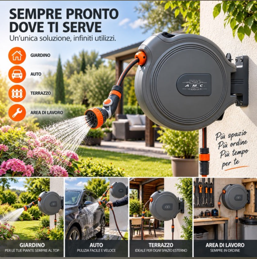 Avvolgitubo Automatico da Parete 15MT Tubo in PVC Staffa a Muro rotabile a 180