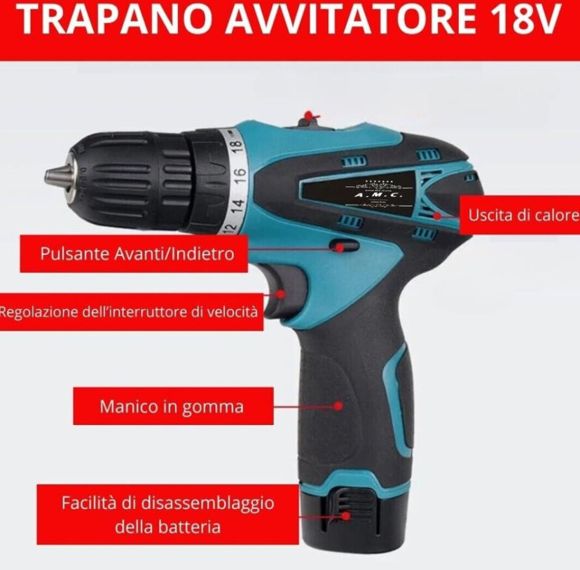 Coppia Trapano Avvitatore a Batteria Professionale 18V, 2 Batterie, 17 Accessori