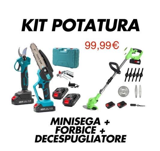 KIT 3 IN 1 DECESPUGLIATORE + MOTOSEGA + FORBICI + 4 BATTERIE 48VF