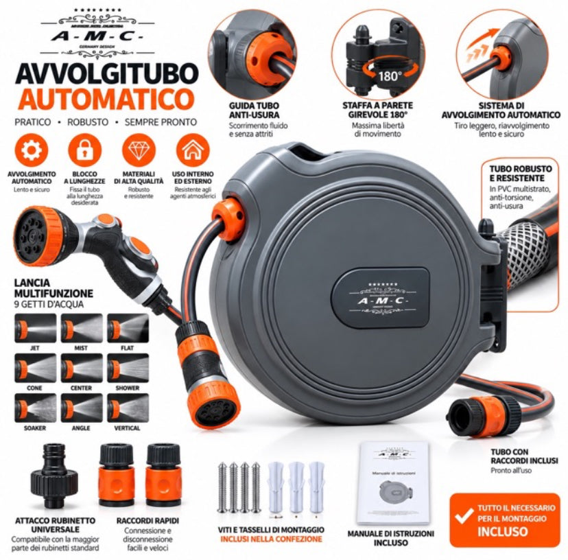 Avvolgitubo Automatico da Parete 15MT Tubo in PVC Staffa a Muro rotabile a 180