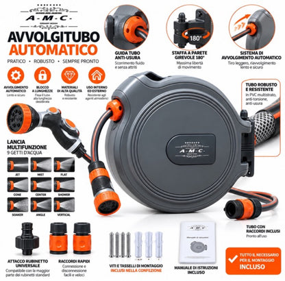 Avvolgitubo Automatico da Parete 15MT Tubo in PVC Staffa a Muro rotabile a 180