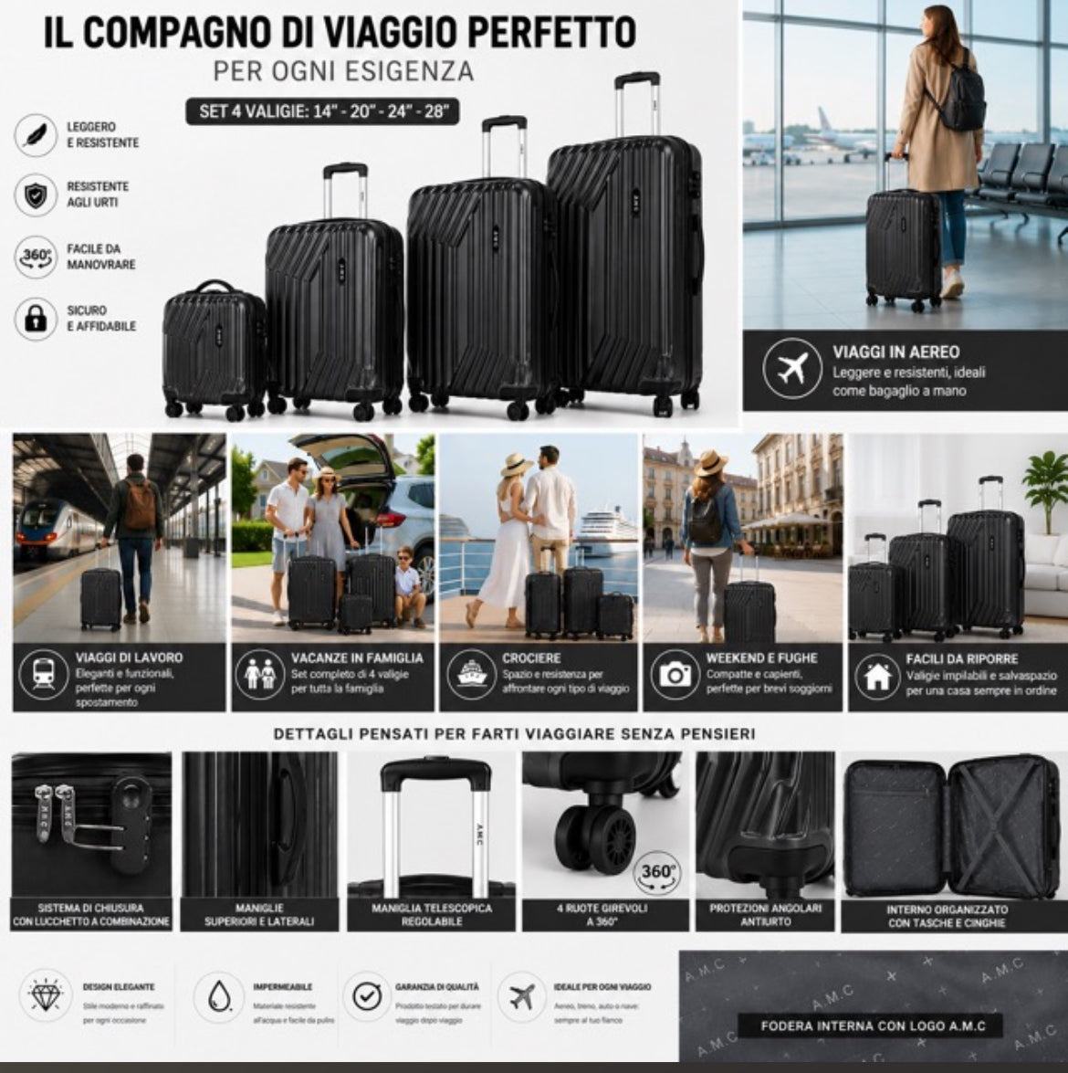 Set 4 Valigie da Viaggio Rigide + Beauty Case Trolley 4 Ruote 360 con Chiusura