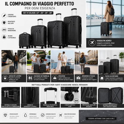 Set 4 Valigie da Viaggio Rigide + Beauty Case Trolley 4 Ruote 360 con Chiusura