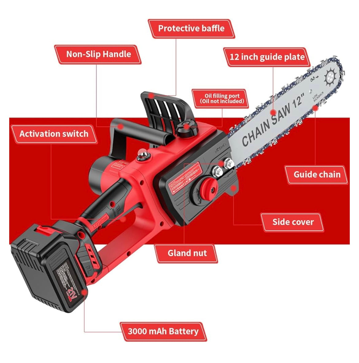Brushless Mini Motosega a Batteria per Potatura 12 Pollici,1300W Motosega Elettrica 2 * 3000 mAh Batteria, con Lubrificazione Automatica,Sega Elettrica per Potatura per Tagliare Legna, Potare Rami