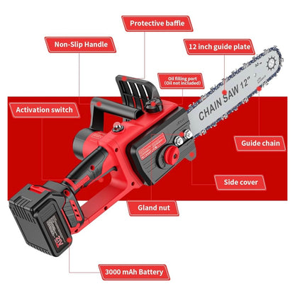 Brushless Mini Motosega a Batteria per Potatura 12 Pollici,1300W Motosega Elettrica 2 * 3000 mAh Batteria, con Lubrificazione Automatica,Sega Elettrica per Potatura per Tagliare Legna, Potare Rami