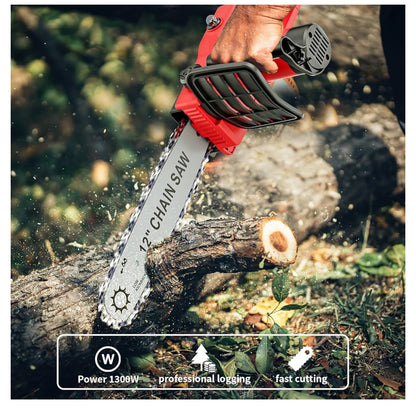 Brushless Mini Motosega a Batteria per Potatura 12 Pollici,1300W Motosega Elettrica 2 * 3000 mAh Batteria, con Lubrificazione Automatica,Sega Elettrica per Potatura per Tagliare Legna, Potare Rami