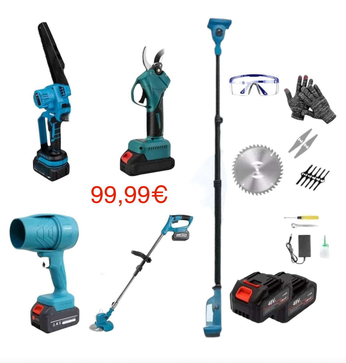 Kit 4 in 1 Giardinaggio Professionale a Batteria 88V, Motosega + Cesoia Potatura + Decespugliatore + Soffiatore Foglie con 2 Batterie e Accessori