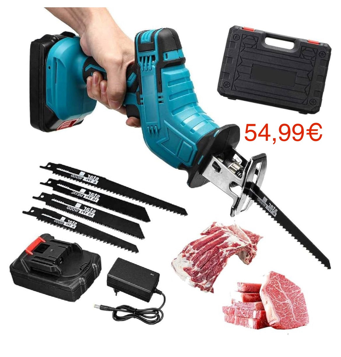 Sega Elettrica per Carne e Ossa Senza Fili, Kit Seghetto Manuale Potente con Luce LED e Scatola di Ricarica, Motore Brushless per Taglio Carni Fresche/Congelate e Ossa di Manzo/Maiale (48V)