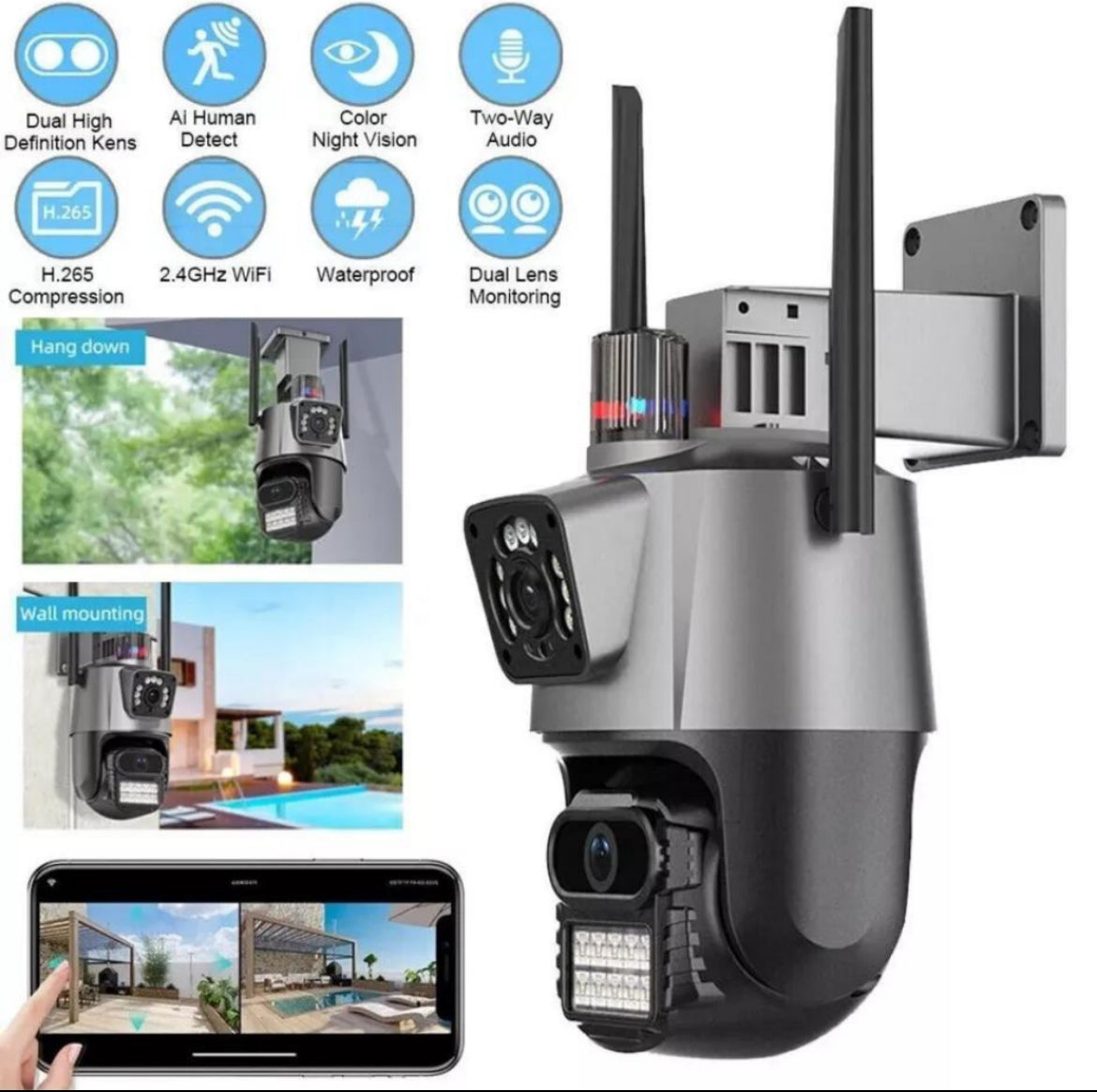 Telecamera PTZ 6MP 4K WiFi Doppio Obiettivo Audio Allarme IP66 Infrarossi