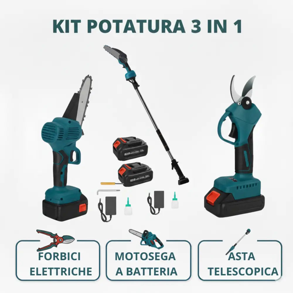 Kit 3in1 Forbici Potatura Elettrica Batteria 48V Asta Telescopica Motosega da 6"