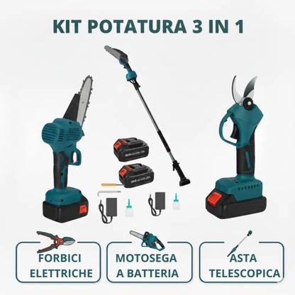 Kit 3in1 Forbici Potatura Elettrica Batteria 48V Asta Telescopica Motosega da 6"